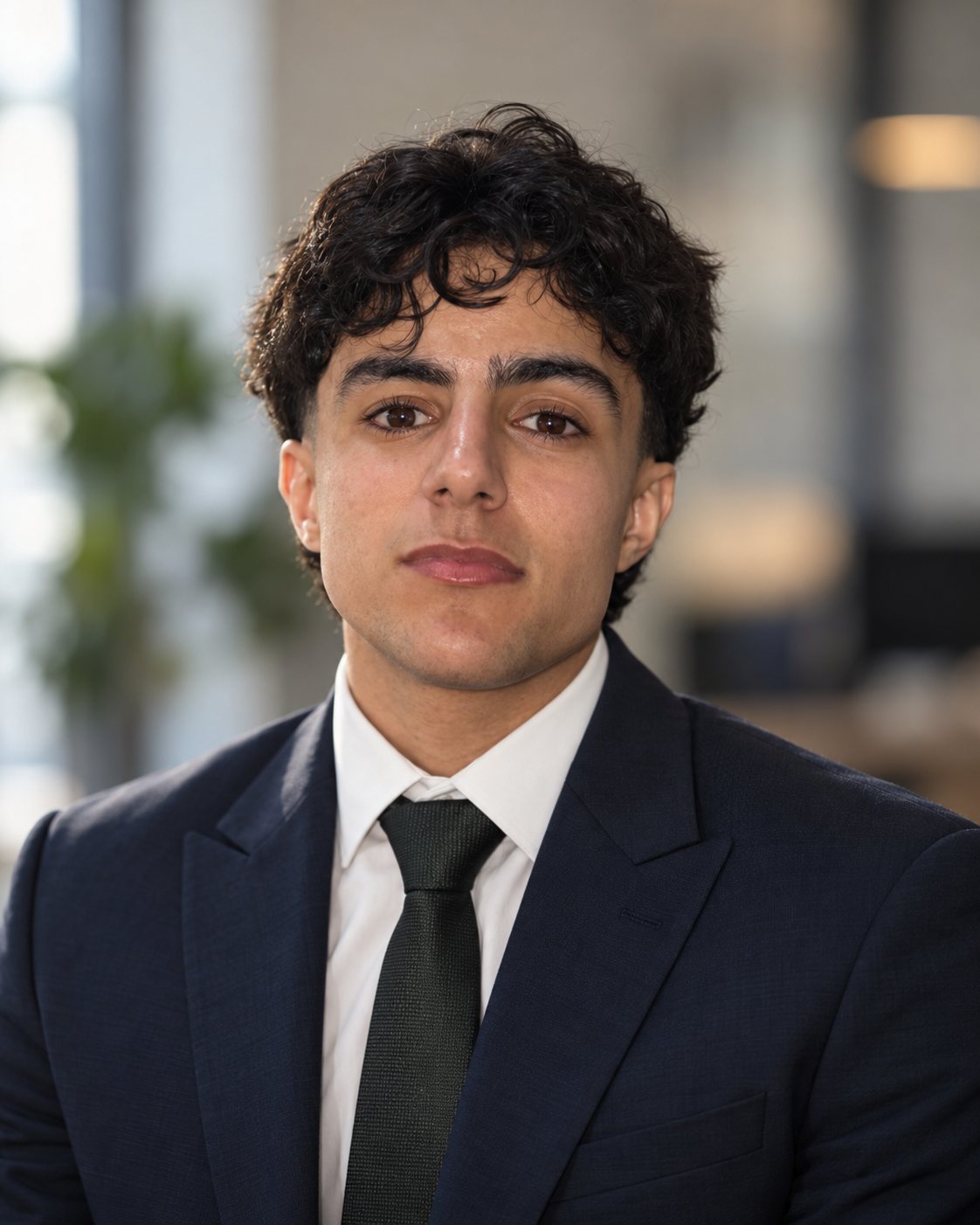 Khalid Alaoui in a navy suit, white shirt and dark green tie